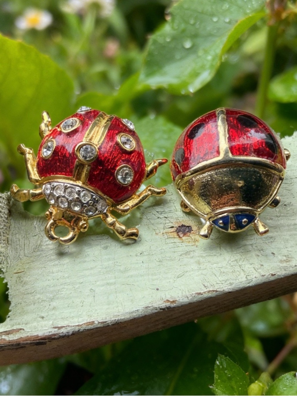 Red Ladybug Brooch Pin - Gold Tone with Rhinestones